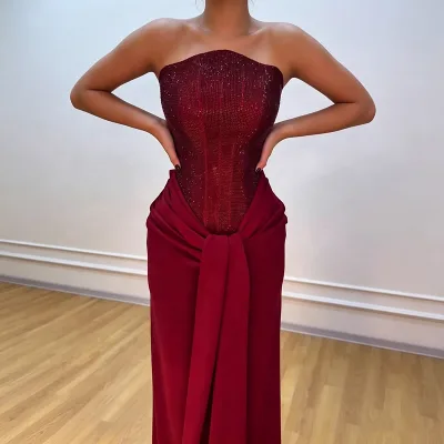 Shining Burgundy Evening Dress Strapless Sequins Top Satin Bottom Slim Long Party Dresses Saudi Arabia Prom Gown
