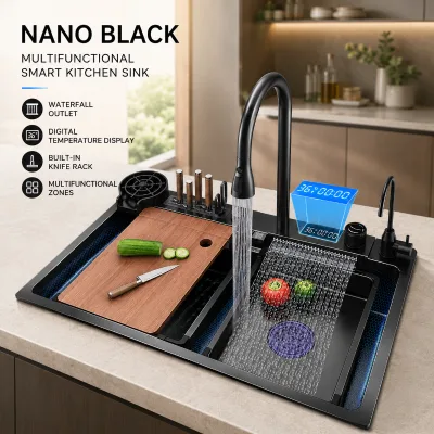 Hot Sale Handmade Single Bowl Nano Black Waterfall Workstation Kitchen 304 Stainless Steel Digital Display Cup Washer Knife