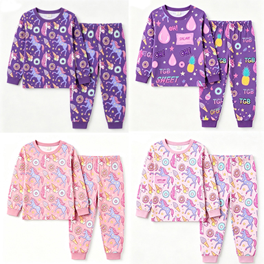Girls Milk Silk Pajamas Set Unicorn Print Long Sleeve Sleepwear with Donut Ice Cream Design for Toddler Kids
