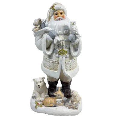 Santa Claus Resin Figurine 12" Christmas Santa with Bird Bear Reindeer and Dog