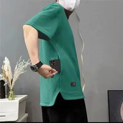 Men's Solid Color Short Sleeve T-Shirt, Side Slit Casual Tee With Pocket