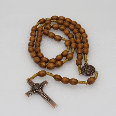 14 Styles St. Benedict Wood Rosary Beads with Crucifix, Corded Catholic Prayer Necklace for Baptism Confirmation Church Gift