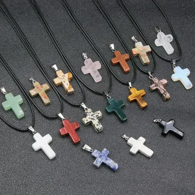 Wholesale Cheap Cross Healing Stone Pendant, Amethyst Rose Quartz Gemstones Crystal Quartz Pendants for Necklace Jewelry Making