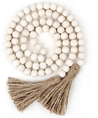 Bohemian-Style Wood Bead Garland with Tassels Rustic Country Decor Wall Hanging Farmhouse Prayer Beads