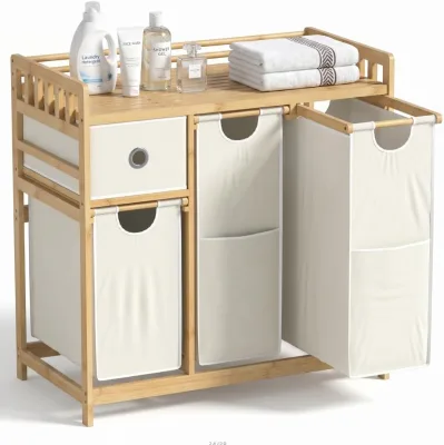 Dirty Laundry Basket 4 Compartments Bamboo Wash Bin with Drawer Shelf Laundry Bag Side Pockets Laundry Hamper and Laundry Basket