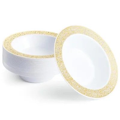 MATANA 20 Premium White Plastic Bowls Gold Lace Rim 360ml Modern Elegant Sturdy Disposable Soup Dessert Bowls Weddings Birthdays