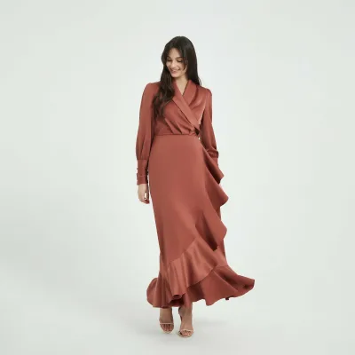 Aschulman Custom Solid Flounce Long Sleeve Belted Wrap Dress Silk Ruffle Dress Satin Muslim Women's Clothes