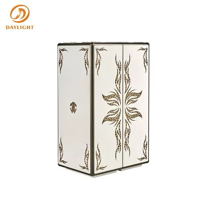 Luxury Modern White High-Gloss Wine Cabinet with Symmetrical Floral/Vine Inlay Pattern and Dark Metal Trim High-End Storage Unit