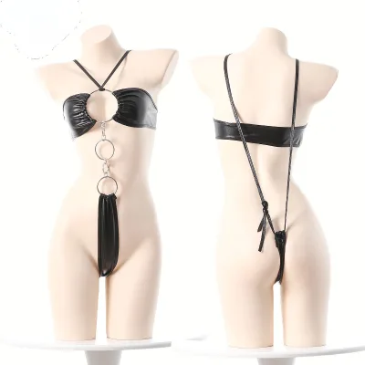 Sexy PU Leather Lingerie Set Wet Look Bralette Mini Skirt Nightclub Outfit Fetish Style Clubwear Exotic Dancewear Accessory Plus