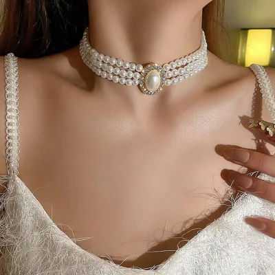 French Temperament Multi-layer Pearl Diamond Advanced Sense Rhinestone Short Style Fashion Jewelry Choker Necklace for Women