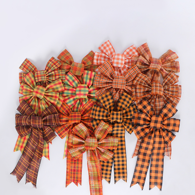 Wholesale Custom Pre Made Burlap Ribbon Bows Orange Plaid Ribbon Bows for Halloween Day Thanksgiving Day