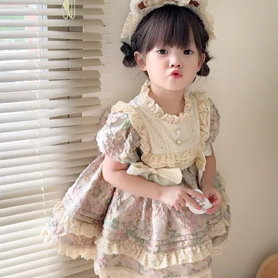 High Quality Princess Dress for Baby Girl Puff Sleeve Layered Frock Polyester Cotton Blue Burnout Festival Dress