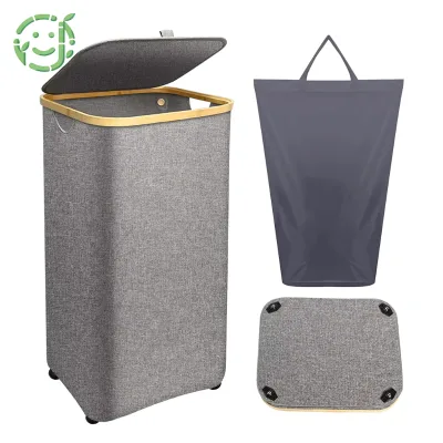JQ 100 Liters Clothes Basket Bamboo Laundry Hamper with Wheels for Bathroom Washing Hamper
