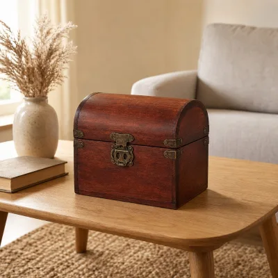 Vintage Wooden Storage Box with Lock, Solid Wood Jewelry Chest, Antique Brass Decorative Keepsake Box for Home Office