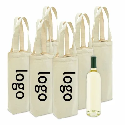 Natural Cotton Canvas Drawstring Wine Bottle Bag Eco-friendly Reusable Wine Gift Pouch Custom Logo Printing
