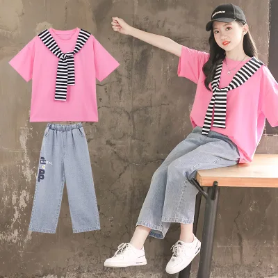 Girls Summer Suits 2022 New Children's Trend Summer Short-sleeved Jeans Sports Girls