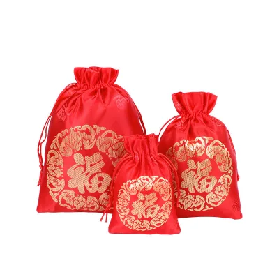 Linna 10*14Cm Big Red Velvet Drawstring Bag Wedding Gifts Chinese New Year Party Souvenirs Screen Printing Logo Jewelry Watches