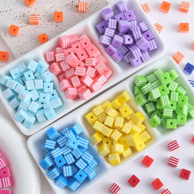 Wholesale Bulk Striped Resin Cube Beads Colorful Loose Beads for DIY Jewelry Making Boho Style Bracelet & Necklace Supplies