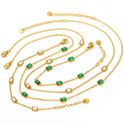 Waterproof Thin Chain Stainless Steel Green Zircon Pendant Necklace Bracelet Anklets Jewelry Set