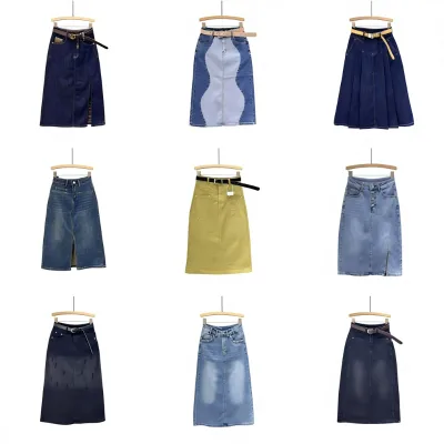 Women's Summer Casual Straight Leg Skinny Fit Split Denim Skirt Breathable Retro Floral Button Decoration Washed Water