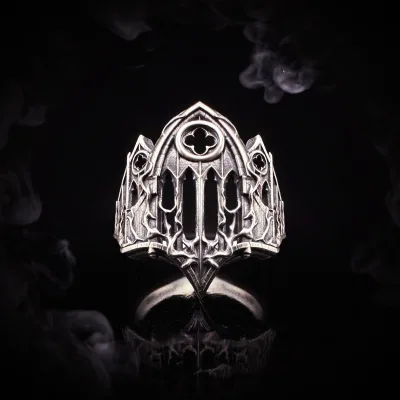 New Retro Vintage Ring Gothic Relief Flower Window Design Dark Opening Cathedral Gothic Style Plated Alloy Inlay Trendy Men's