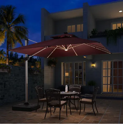 Outdoor Factory UV Resistant Folding Square Patio Solar LED Light Umbrella with Crank, Round Hotel Beach Parasol