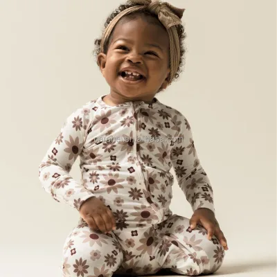 Bamboo Convertible Baby Pajama Sleepy Snuggles Fold-over Cuffs Warmth Zipper Nightgown Essentials Custom Print Flower Sleepwear