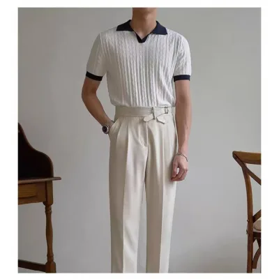 Mature Trendy Men's Golf Jacquard Texture Slim Fit Short Sleeved Knitted for Polo Shirt New Solid 3D Color Blocked Light Yarn Dy