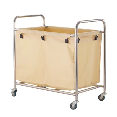 Stainless Steel Linen Cart with Fabric Bag 4 Swivel Casters Commercial Laundry Trolley Square Laundry Cart U Handle for Hotel