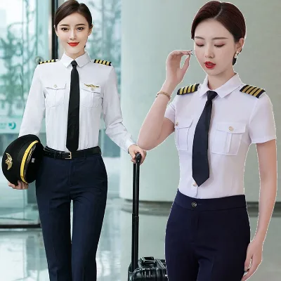 Airline Uniforms Womens Short Sleeve Pilot Shirts Captain Stripes Flight Costume Aviator Blouse Female Clothes White Shirt