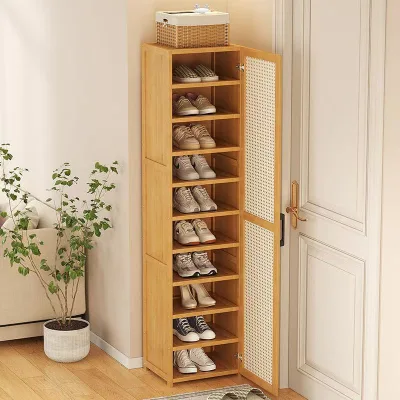 Multi-Layer Wood Shoe Cabinet for Living Room Simple Home and Dormitory Corner Shoe Shelf With Narrow Storage Door Partition