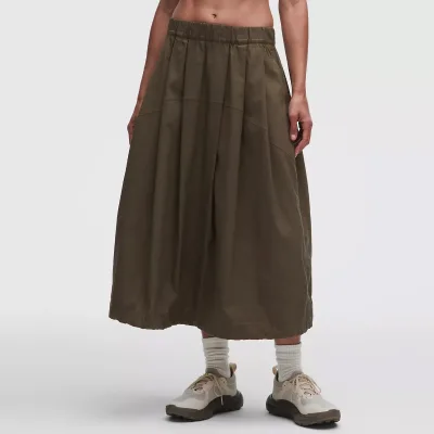 Women Solid Elastic Waist Seamed Midi Skirt Adjustable Drawstring Hem Lightweight Woven Outdoor Casual Bubble Skirt Autumn