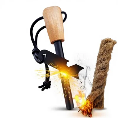 IRONDONKEY Survival Outdoor Magnesium Stick Wooden Handle Camping Lighter