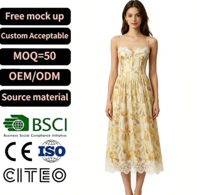 Yellow Floral Print Lace Trim Midi Dress Spaghetti Strap Corset Bodice A-Line Summer Sundress for Women Romantic Vintage Gown