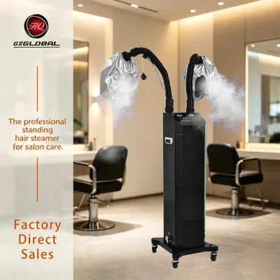 Black Full-Automatic Digital Dual Hose Ozone Stainless Steel LED Display Hair Steamer Mobile Rolling Base Device Hair Perm Deep