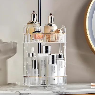 Luxury 360 Degree Rotating Makeup Storage Rack with Carrying Handle Double Plastic Shelf Organizer Hot Products for Cosmetics