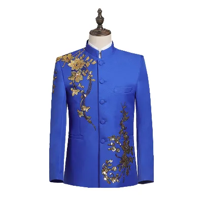 Men's Chinese Style Stage Chorus Dance Performance Clothes Youth Stand Collar Zhongshan Suit Applique Host Set