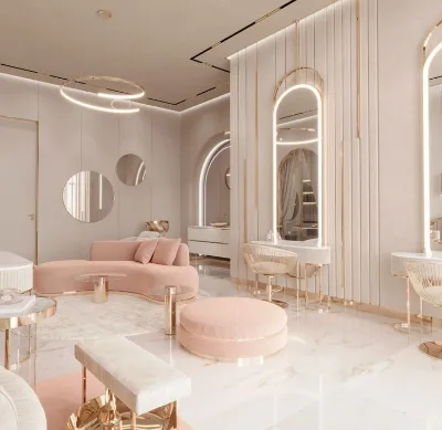 Customized Beauty Salon Spa Furniture Whole Store Interior Design Pink Style Display Customized Wall Mounted Mirrors