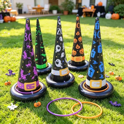 Witch/Wizard Hat Ring Toss PVC Inflatable Toy Halloween Interactive Prank Prop for 14 Years & up