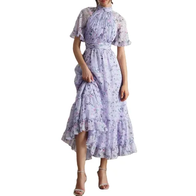 New Design Women's Eco-Friendly Woven Natural Waist Custom Ruffled O-Neck Short Sleeve Printed Chiffon Dresses