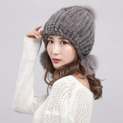 Factory Price Brand New Mink Fur Hat Knitted Mink Hat Mink Fur Ball Hat With Pom Pom