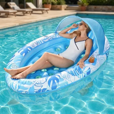 Oval Inflatable Hollowed-out Tanning Lounge Float with Canopy & Cup Holders