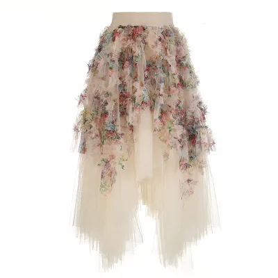 Ball Gown Female High Waist Medium Length Girls Floral Mesh Party Skirt Layered Sweet Midi Long Irregular Tulle Skirt