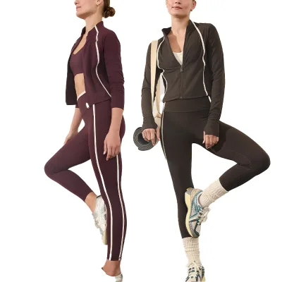 Custom logo Striped Casual Outdoor Sports Suit Long-sleeves Fitness Workout Set with Thumbhole Active Gym Wear