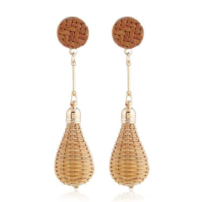 Women's Natural Wood Long Dangle Earrings Handmade Wooden Bamboo Rattan Bulb Stud Gold Plated Drop Earrings