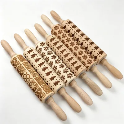 Christmas Embossed Wooden Rolling Pin Engraved Pattern Dough Roller Kitchen Baking Cookie Pastry Making Tool