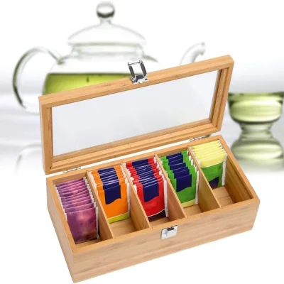 Clear Glass Portable Tea Bag Holder Stand Wood Storage Organizer for Tea Coffee Bags