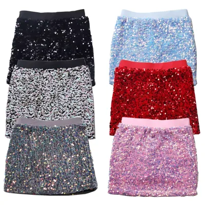 OEM&ODM Custom Colorful Sequin Skirts Little Girl High Waist Sequin Fabric Toddler Girl Boutique Short Skirt
