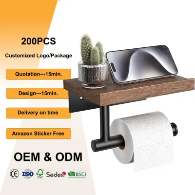 Bathroom Accessories Toilet Paper Holder with Wood Shelf Wooden Wall Mount Tissue Paper Roll Holder Tissue Rack for Household