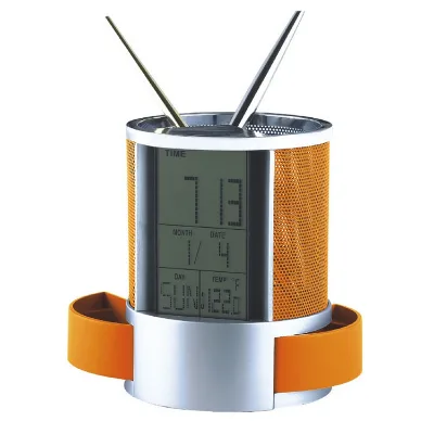 Modern Metal Pen Holder with Storage Compartment Digital Alarm Clock and Calendar Desk & Table Clocks